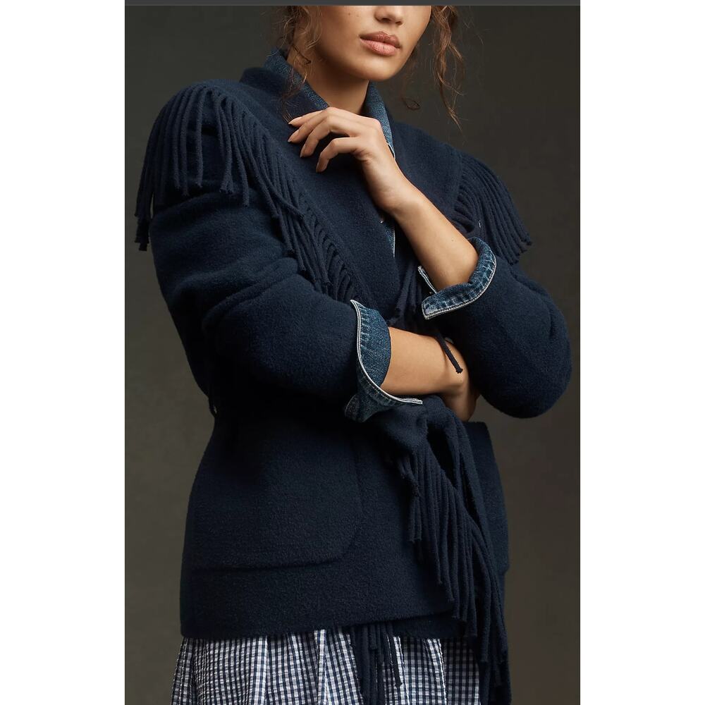 Anthropologie Navy Fringe Wool-Blend Wrap Jacket